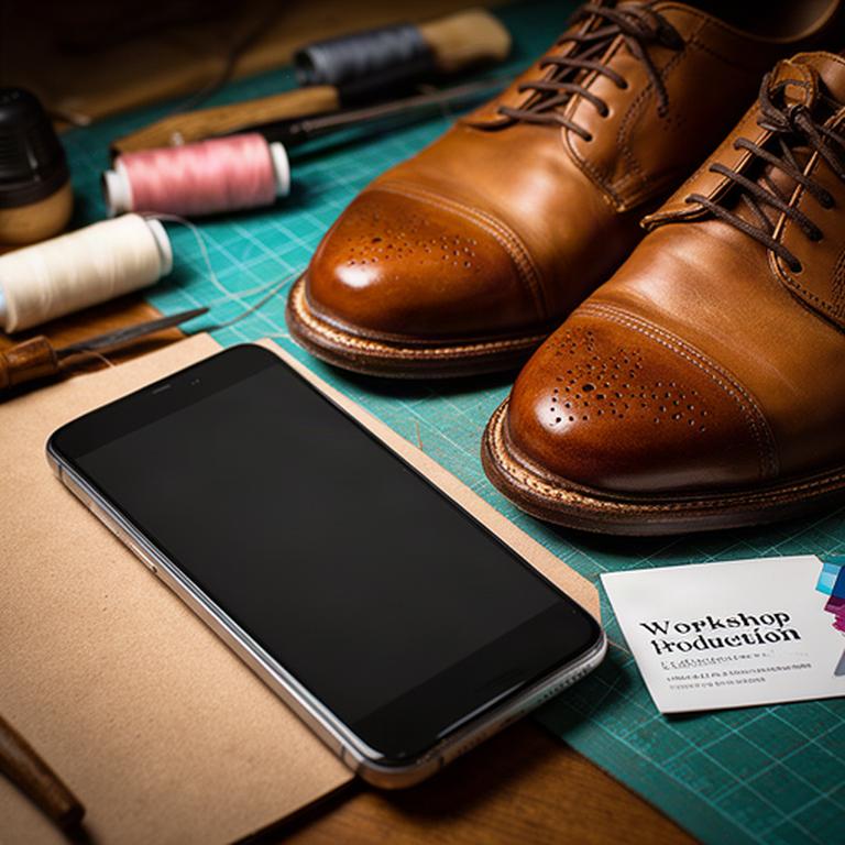 Telefono e scheda di lavorazione vicino a scarpe in pelle artigianali