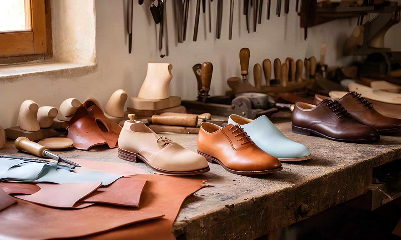Laboratorio di calzature in pelle a Putignano con banco da lavoro e scarpe artigianali