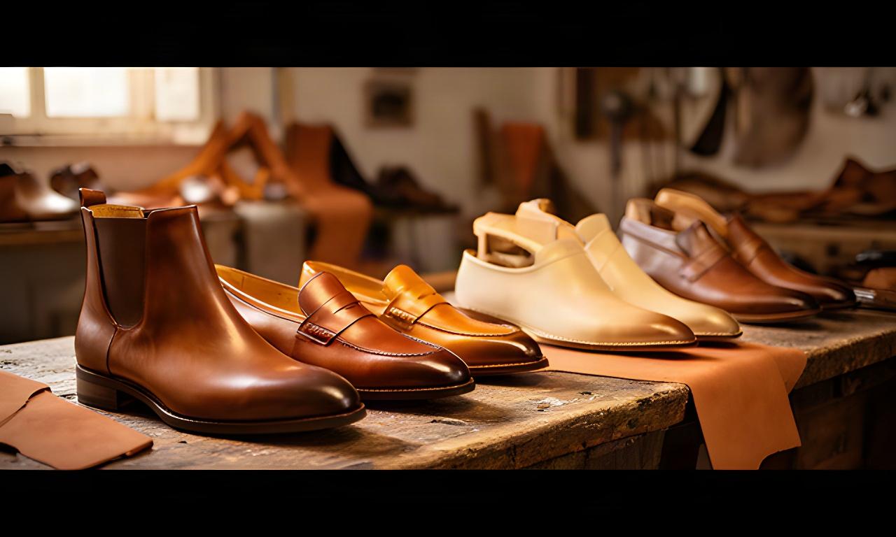 Raccolta di calzature in pelle su un banco artigianale a Putignano, con stivali e mocassini dai toni caldi